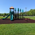 Children's playground equipment with slides and climbing structures in a grassy park setting.