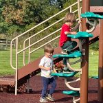 Two young boys play on a brown playground structure outdoors with green grass and trees.