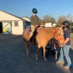 Rider on a brown horse outdoors near a white barn under a clear sky.