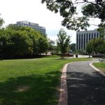 Park scene with green lawn, paved path, and modern buildings in the background under a bright sky.