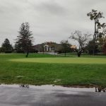 Golf course green under an overcast sky with trees in the background.