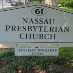 Nassau Presbyterian Church sign with address and Sunday worship time.