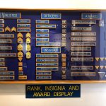 Military rank, insignia, and award display board detailing enlisted and officer progression.