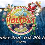 Candy Land Holiday Game event promotion with Santa, elves, and festive graphics.