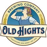 Old Heights Brewing Company logo featuring a woman drinking, with text and wheat accents.