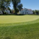 Golf course green with trees and a white clubhouse in the background on a sunny day.