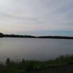Calm lake under a cloudy sky with distant tree lines on the horizon.