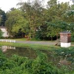 Small wooden structure by a dark pond, surrounded by lush green trees and foliage.