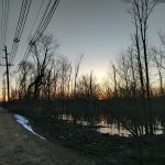 Rural landscape with power lines, bare trees, and a dark body of water at sunset.