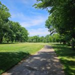 Park pathway leading through a grassy expanse bordered by lush green trees under a blue sky.