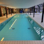 Indoor swimming pool under a covered area with tiled deck and brick walls.