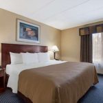 Hotel room with large bed, modern decor, and window view.