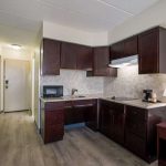 Modern kitchen with dark wood cabinets, stainless steel appliances, and light wood flooring.