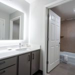 Modern bathroom vanity with mirror and view into a bright shower area.
