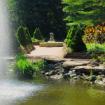 Water fountain spraying into a pond, surrounded by lush green trees and landscaping.