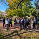 Group of people gathered outdoors under a large tree on a sunny autumn day.
