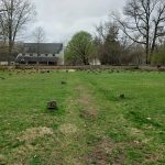 Historic grassy field with scattered stones, bordered by trees and a distant building under an overcast sky.