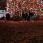 People stand before a brightly lit, festive Christmas tree at night.