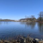 Calm blue lake reflecting a clear sky with trees lining the distant shore.