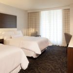 Two bright hotel beds in a modern room with large windows and dark patterned carpet.