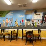 Mural of people in a sunny landscape above cafe seating area.