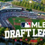 MLB Draft League graphic over a view of a baseball stadium filled with fans.