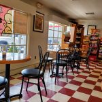 Cafe interior with red and white checkered floor, tables, and chairs.