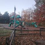 Children's playground equipment surrounded by trees in autumn.