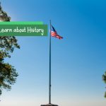 American flag waving on a pole under a bright blue sky, framed by green trees.