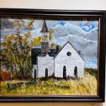 Oil painting of a white church with a steeple under a dramatic, cloudy sky.