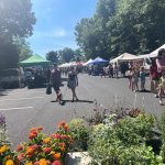 Outdoor market scene with tents, people browsing, and lush foreground garden plants.