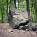 Large mossy boulder in a dense, green forest setting on a dirt path.