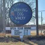 Blue sign for Working Dog Winery with hours, indicating it is open Thursday 2-8.