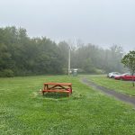 Red picnic table on a green lawn beside a paved path in a foggy park setting.